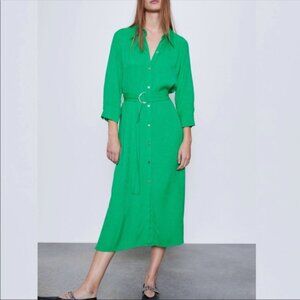 New Zara Emerald Green Jacquard Long Dress With Sash Belt